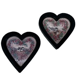 Home Interiors Set of 2 Heart Shaped Framed Art  Bird Nest‎ Floral Wall Decor